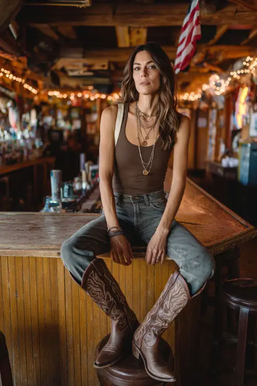 fashionable woman wearing dark skinny jeans with a satin camisole and classic cowgirl boots, layered gold necklaces and a small shoulder bag