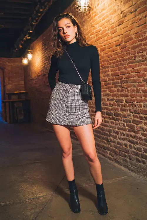 A trendy woman wearing a plaid mini skirt with a fitted black turtleneck top and ankle boots, accessorized with a crossbody bag and hoop earrings 