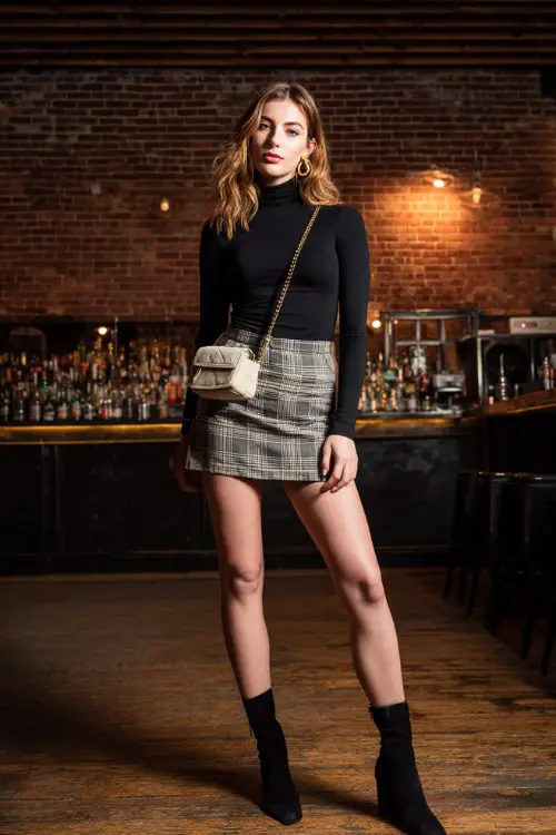 A trendy woman wearing a plaid mini skirt with a fitted black turtleneck top and ankle boots, accessorized with a crossbody bag and hoop earrings