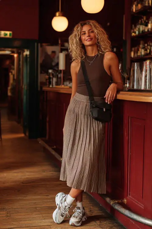 A trendy woman wearing a pleated midi skirt with a fitted sleeveless top and classic sneakers, carrying a crossbody bag while standing inside a relaxed pub-style bar