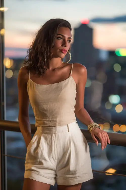 A trendy woman wearing high-waisted linen shorts with a fitted sleeveless blouse and heeled sandals, accessorized with layered bracelets and hoop earrings 