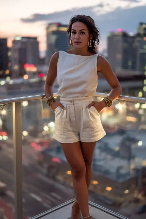 A trendy woman wearing high-waisted linen shorts with a fitted sleeveless blouse and heeled sandals, accessorized with layered bracelets and hoop earrings 