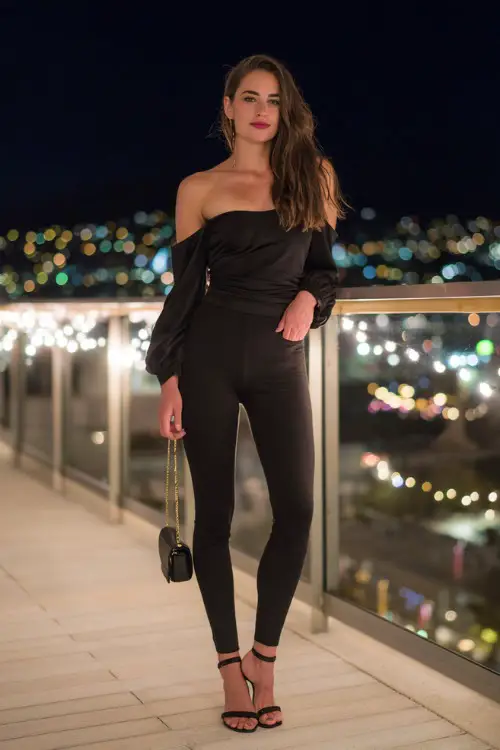 A trendy woman wearing matte black leggings with a fitted off-shoulder blouse and ankle-strap heels, holding a mini handbag while standing near a rooftop bar railing with city lights at night