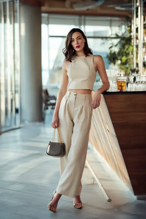 A trendy woman wearing tailored linen trousers with a cropped sleeveless top and block heels, carrying a structured handbag, posing inside a modern bar with large open windows and natural sunlight 