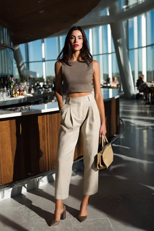 A trendy woman wearing tailored linen trousers with a cropped sleeveless top and block heels, carrying a structured handbag, posing inside a modern bar with large open windows and natural sunlight 