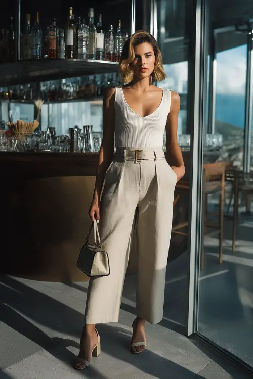 A trendy woman wearing tailored linen trousers with a cropped sleeveless top and block heels, carrying a structured handbag, posing inside a modern bar with large open windows and natural sunlight