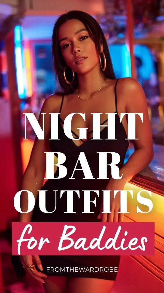 A woman wearing a baddie bar outfit black cutout bodycon mini dress with strappy stilettos, bold hoop earrings