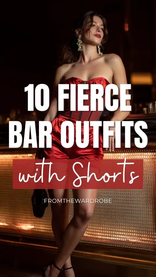 A woman wearing a bar outfit with shorts, a fitted corset-style top and ankle-strap heels