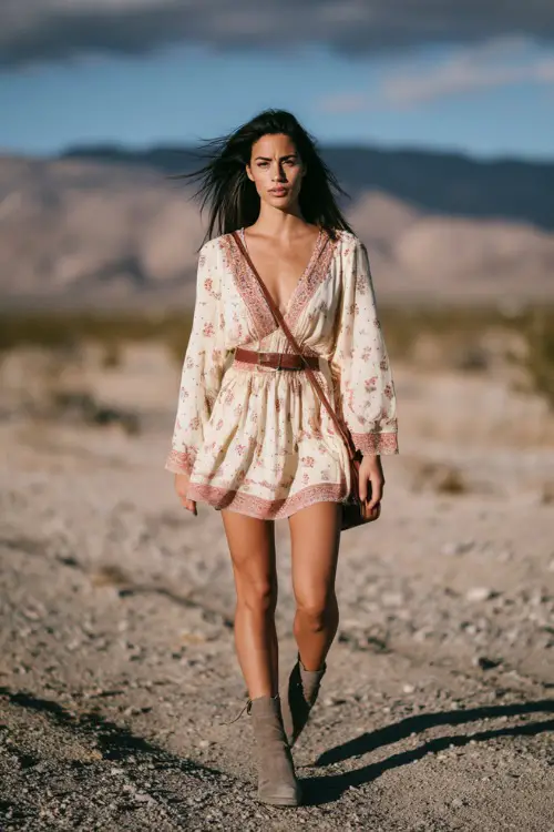 A woman wears a breezy boho mini dress with delicate patterns, paired with ankle boots and a crossbody bag, posing in a desert landscape with soft shadows 