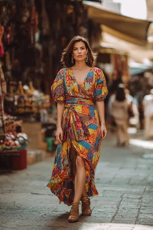 A woman wears a colorful boho wrap dress with bold patterns, paired with block heel sandals and statement earrings, standing in a lively outdoor market with vibrant details
