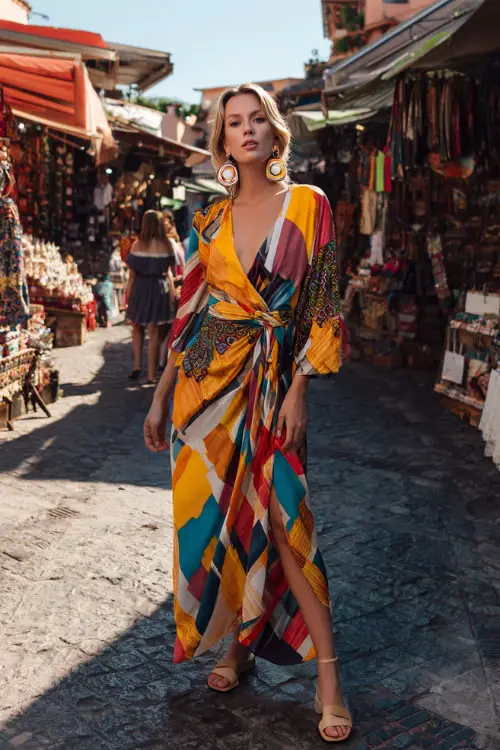 A woman wears a colorful boho wrap dress with bold patterns, paired with block heel sandals and statement earrings