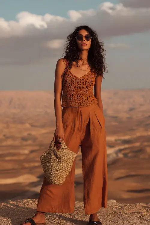 A woman wears a crochet top with flowy wide-leg pants in warm earthy tones, styled with minimal sandals and a woven bag, posing in a desert landscape with soft shadows 