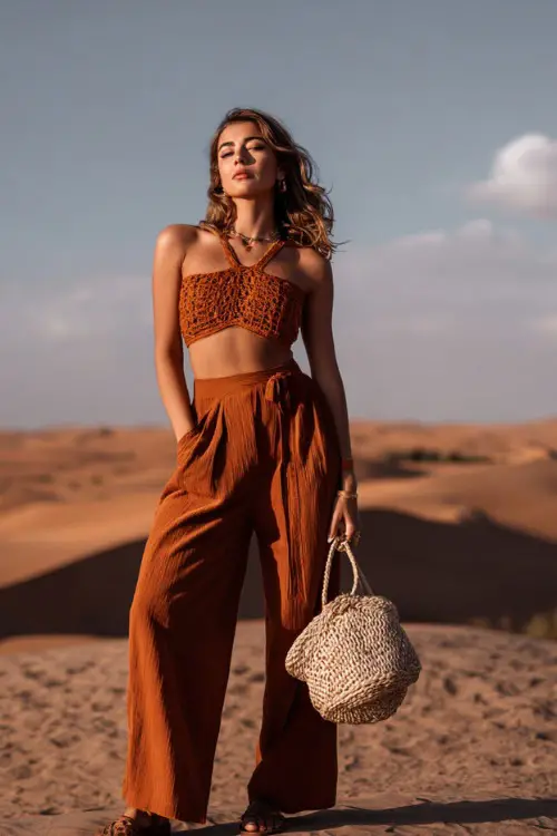 A woman wears a crochet top with flowy wide-leg pants in warm earthy tones, styled with minimal sandals and a woven bag, posing in a desert landscape with soft shadows