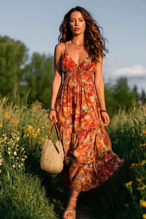 A woman wears a flowy floral maxi dress with vibrant boho prints, paired with strappy sandals and a woven handbag, standing in a sunlit meadow with wildflowers 