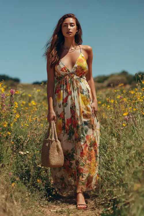 A woman wears a flowy floral maxi dress with vibrant boho prints, paired with strappy sandals and a woven handbag, standing in a sunlit meadow with wildflowers