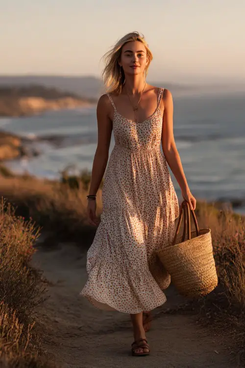 A woman wears a flowy midi dress with subtle boho prints and a flattering silhouette, paired with comfortable sandals and a straw tote, walking along a coastal path with ocean views