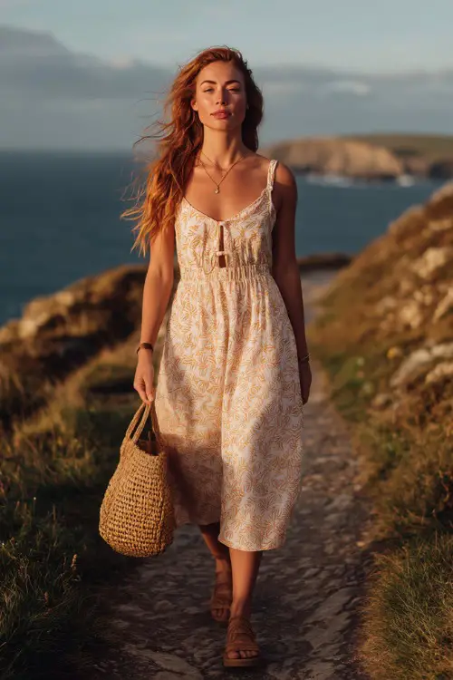 A woman wears a flowy midi dress with subtle boho prints and a flattering silhouette, paired with comfortable sandals and a straw tote