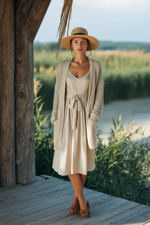 A woman wears a lightweight cardigan over a simple summer dress, styled with flat sandals and a straw hat, standing on a wooden deck with natural textures and greenery 