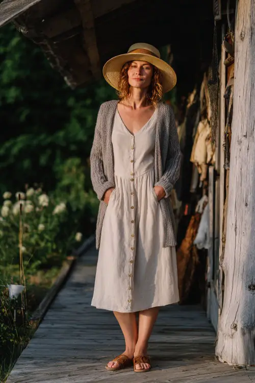A woman wears a lightweight cardigan over a simple summer dress, styled with flat sandals and a straw hat, standing on a wooden deck with natural textures and greenery