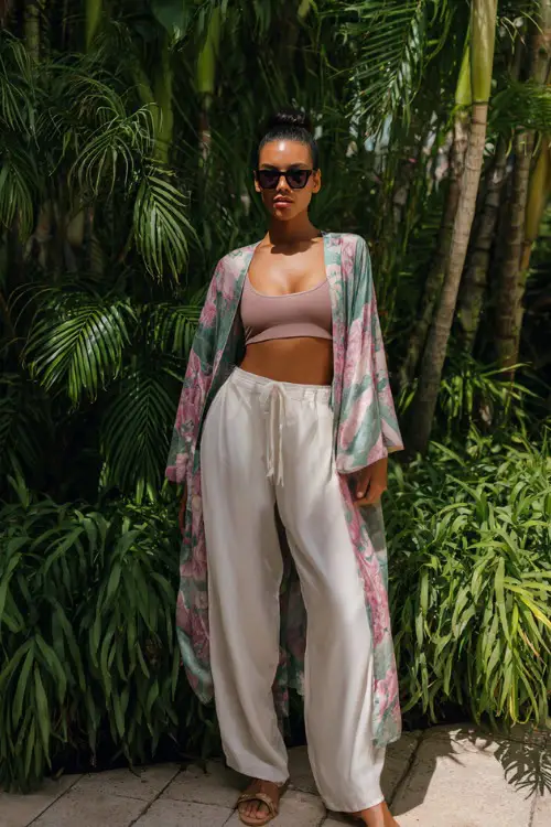 A woman wears a lightweight kimono over a simple tank top and flowy pants, paired with flat sandals and oversized sunglasses 