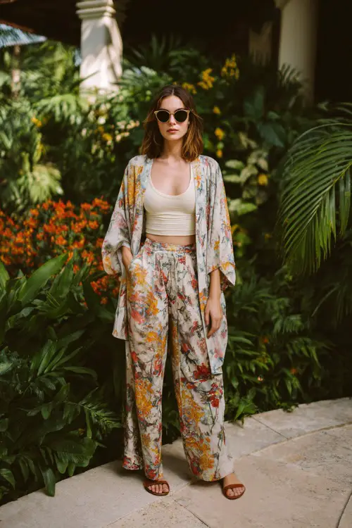 A woman wears a lightweight kimono over a simple tank top and flowy pants, paired with flat sandals and oversized sunglasses 