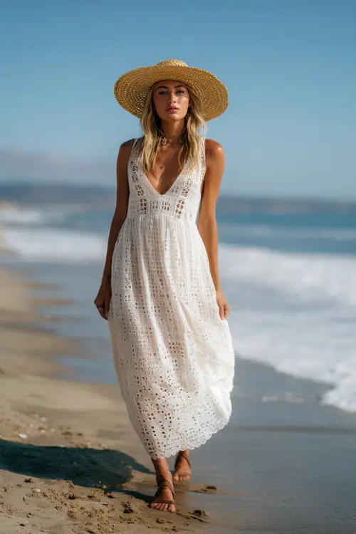 A woman wears a lightweight white lace dress with subtle boho details, styled with flat sandals and a straw hat