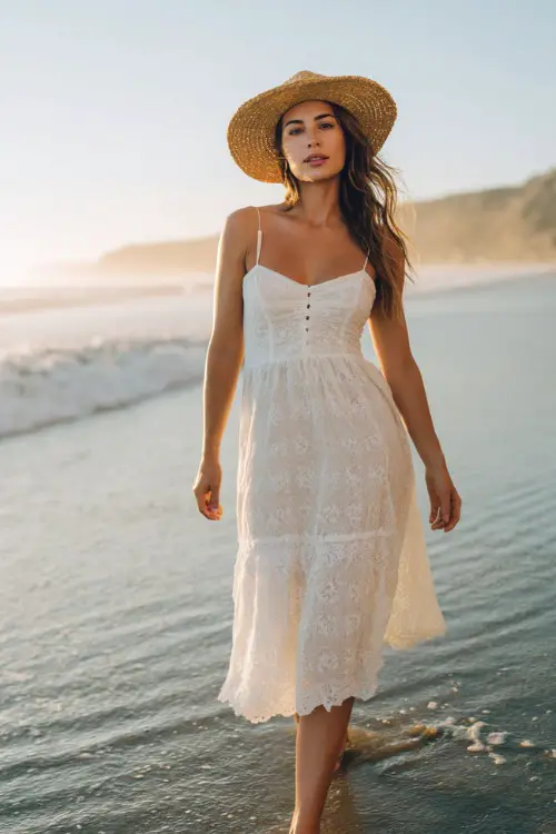 A woman wears a lightweight white lace dress with subtle boho details, styled with flat sandals and a straw hat