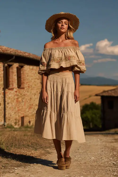 A woman wears a loose off-shoulder blouse with embroidered details and a tiered midi skirt, paired with espadrille wedges and a straw hat 