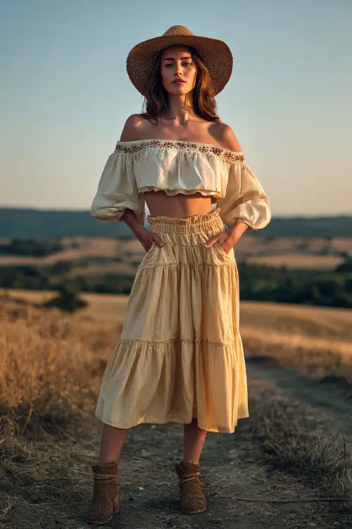 A woman wears a loose off-shoulder blouse with embroidered details and a tiered midi skirt, paired with espadrille wedges and a straw hat