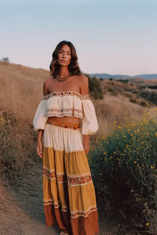 A woman wears a loose off-shoulder blouse with embroidery and a tiered maxi skirt, paired with espadrille sandals and layered jewelry 