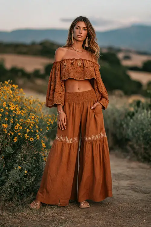 A woman wears a loose off-shoulder blouse with embroidery and a tiered maxi skirt, paired with espadrille sandals and layered jewelry 