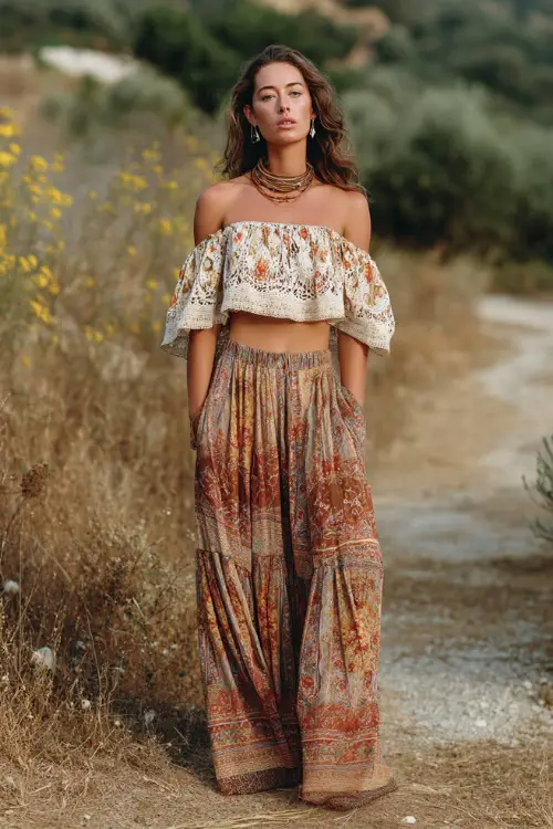 A woman wears a loose off-shoulder blouse with embroidery and a tiered maxi skirt, paired with espadrille sandals and layered jewelry, standing in a rustic countryside with wildflowers