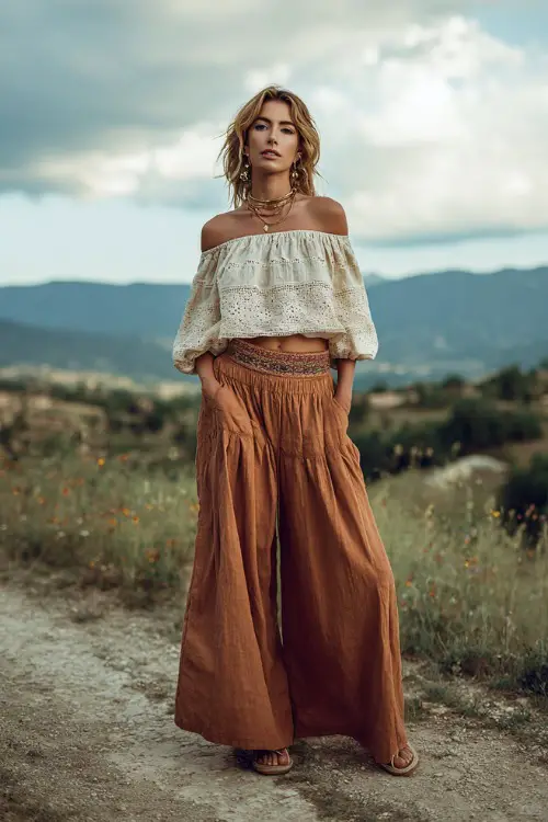 A woman wears a loose off-shoulder blouse with embroidery and a tiered maxi skirt, paired with espadrille sandals and layered jewelry