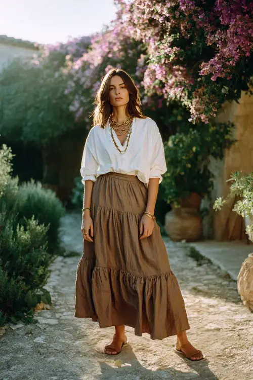 A woman wears a loose white blouse tucked into a soft tiered skirt with earthy tones, styled with strappy sandals and layered necklaces 