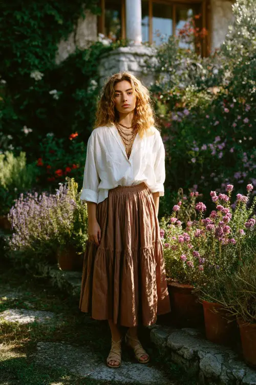 A woman wears a loose white blouse tucked into a soft tiered skirt with earthy tones, styled with strappy sandals and layered necklaces