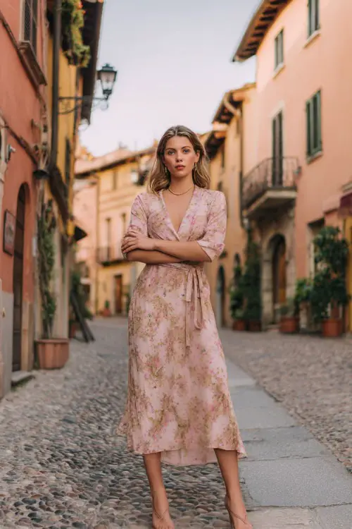 A woman wears a pastel boho wrap dress with soft floral prints, paired with low heels and delicate accessories 