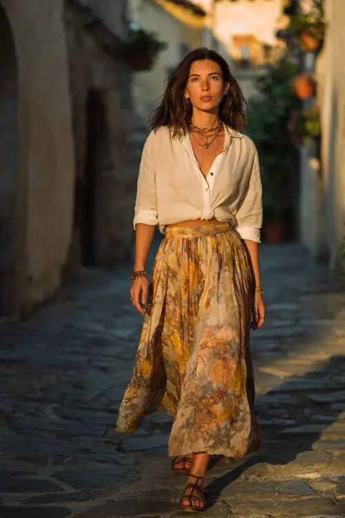 A woman wears a relaxed cotton blouse tucked into a flowy printed skirt, styled with strappy sandals and layered jewelry, standing in a charming European street