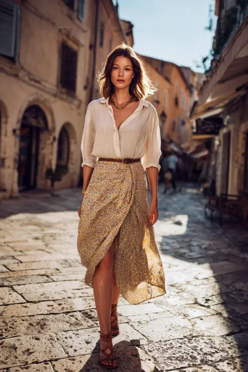 A woman wears a relaxed cotton blouse tucked into a flowy printed skirt, styled with strappy sandals and layered jewelry
