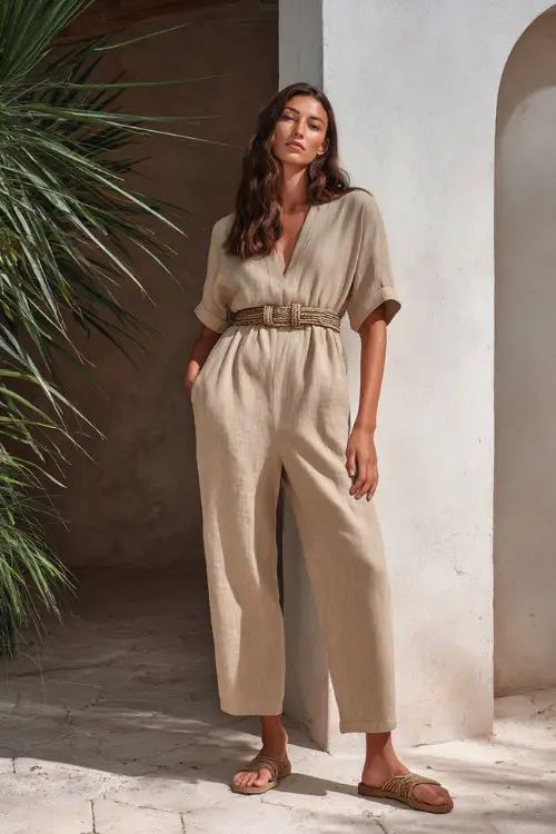 A woman wears a relaxed linen jumpsuit in a soft beige tone, styled with flat sandals and a woven belt, posing in a minimalist courtyard with natural textures and greenery 