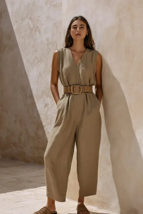 A woman wears a relaxed linen jumpsuit in a soft earthy tone, styled with flat sandals and a woven belt, posing in a minimalist courtyard with natural textures 