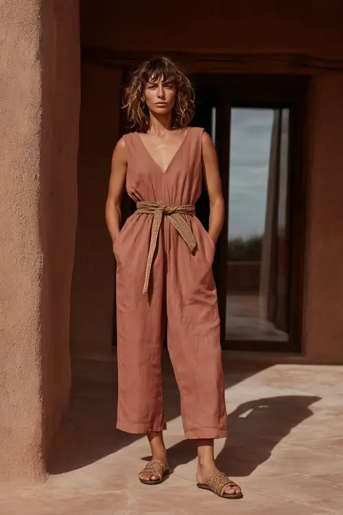 A woman wears a relaxed linen jumpsuit in a soft earthy tone, styled with flat sandals and a woven belt, posing in a minimalist courtyard with natural textures