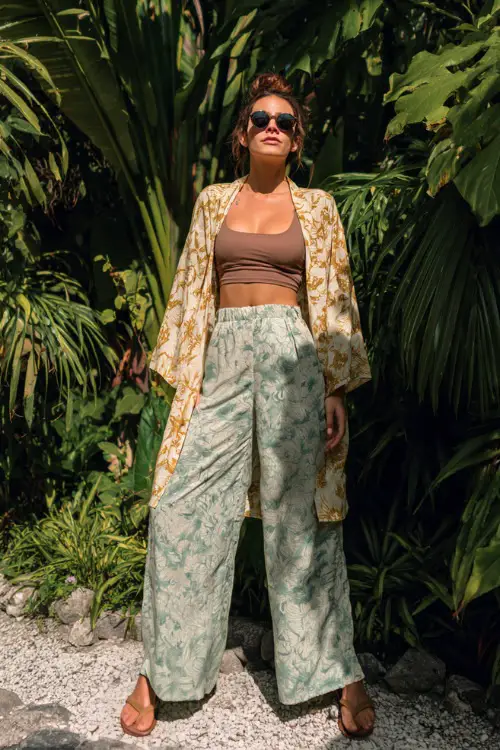 A woman wears a simple tank top layered with a lightweight kimono and flowy wide-leg pants, styled with flat sandals and oversized sunglasses 