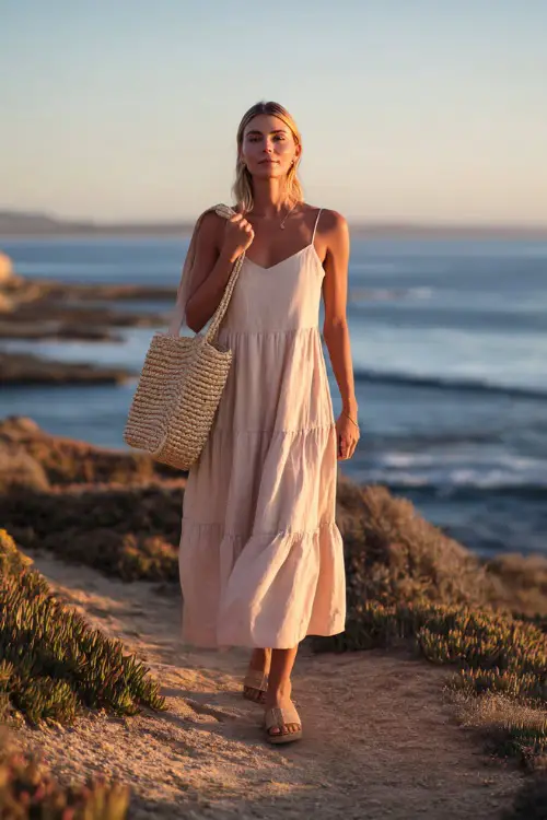 A woman wears a sleeveless tiered maxi dress in soft pastel tones, paired with comfortable sandals and a woven tote