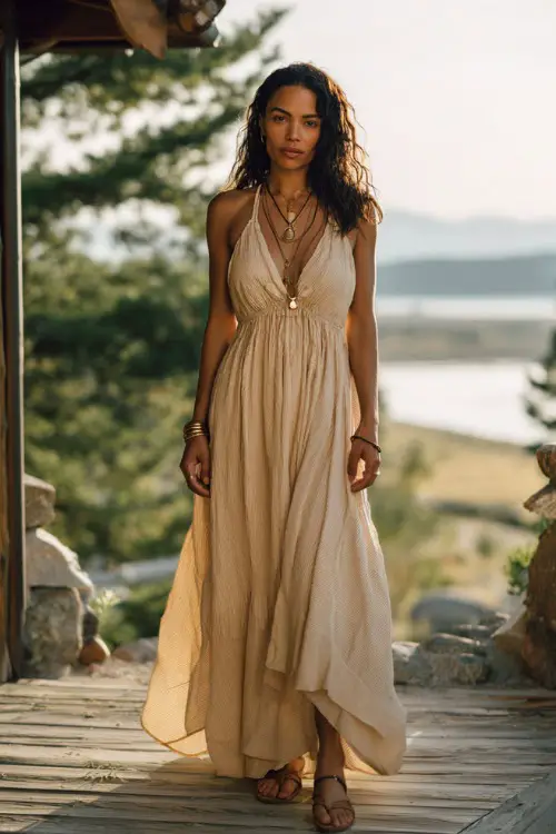 A woman wears a soft boho maxi dress with flowing fabric and neutral tones, styled with simple sandals and delicate jewelry