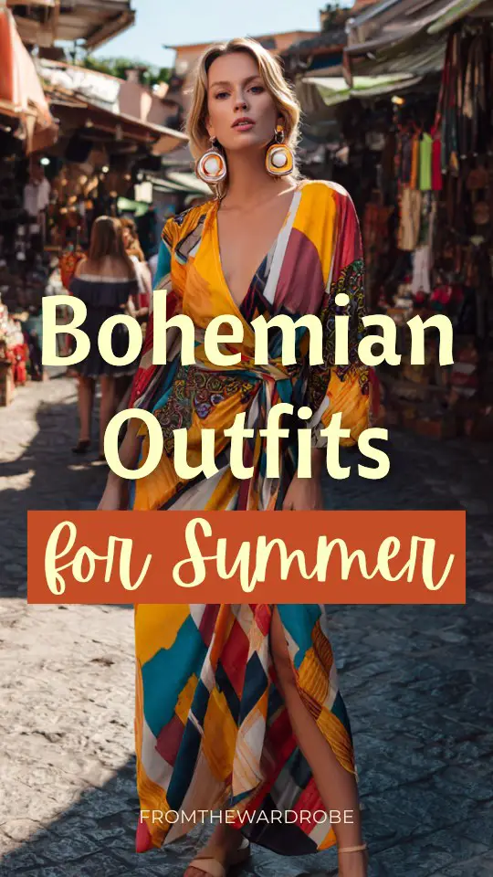 A woman wears a summer boho outfit with a colorful boho wrap dress with bold patterns, paired with block heel sandals and statement earrings