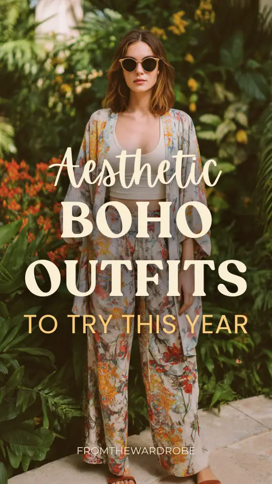 A woman wears an aesthetic boho outfit with a lightweight kimono over a simple tank top and flowy pants