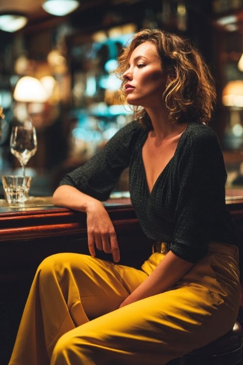 a woman wears a sleek bar outfit with a black blouse and yellow pants