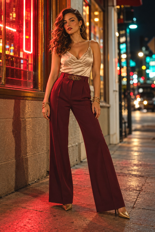 woman wearing high-waisted flared pants with a silky camisole and pointed heels