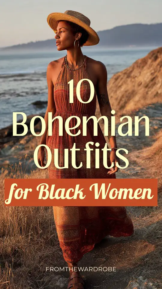 A Black woman wears a bohemian outfit with a sleeveless maxi dress with subtle boho prints and a flowy silhouette