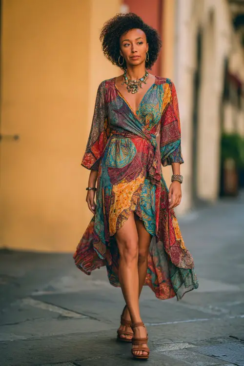A Black woman wears a colorful boho wrap dress with vibrant patterns, paired with block heel sandals and statement jewelry 